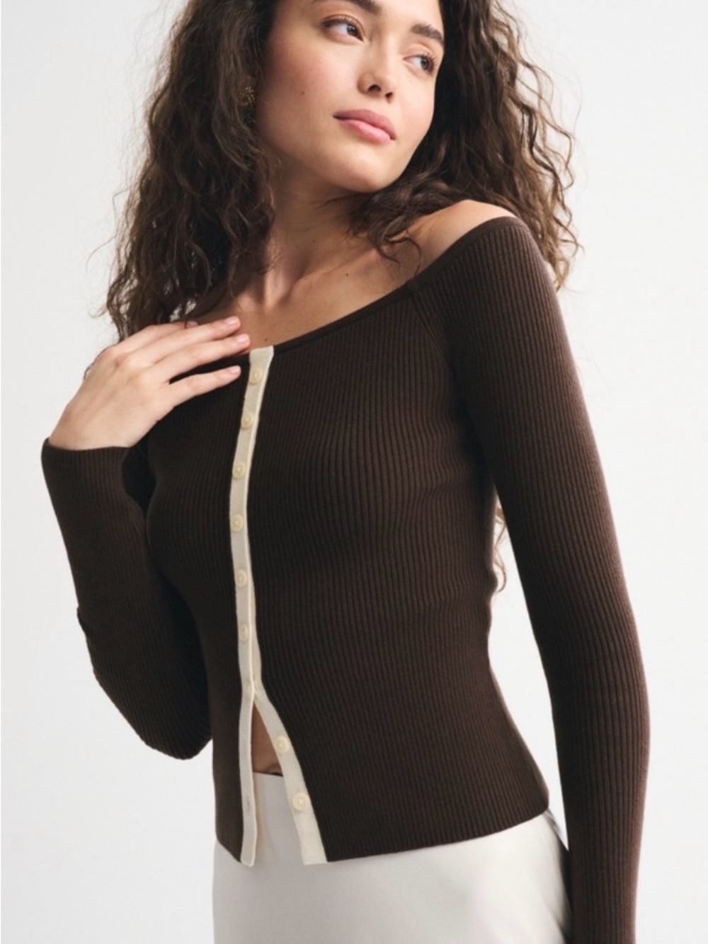 Abercrombie & Fitch Chocolate Brown Off-Shoulder Ribbed Cardigan
